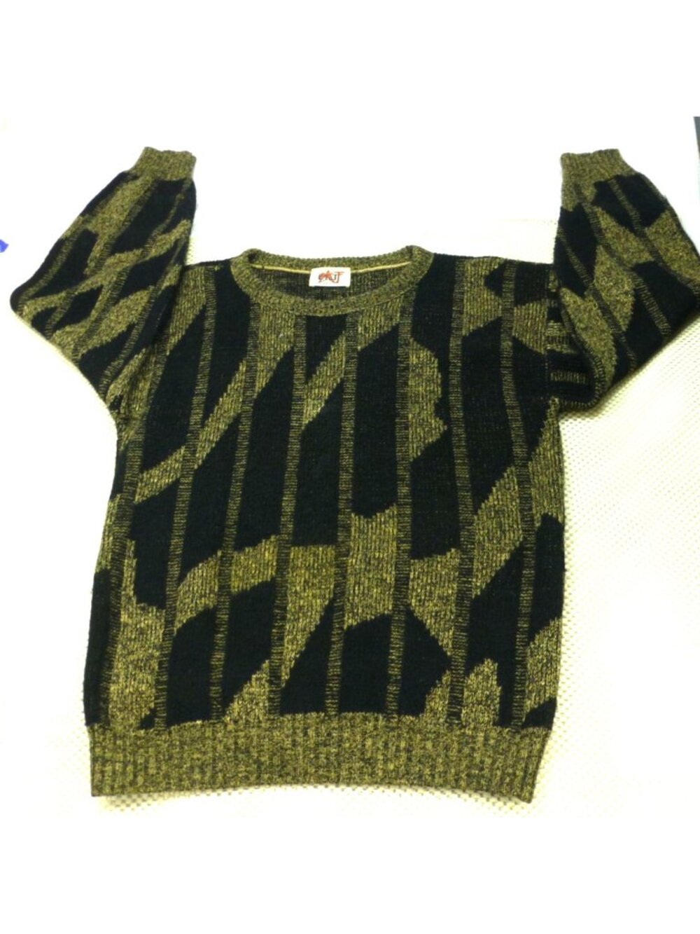 Vintage OKJT Black & Gold Abstract Pattern Sweater Size XL Made In USA 80s Style